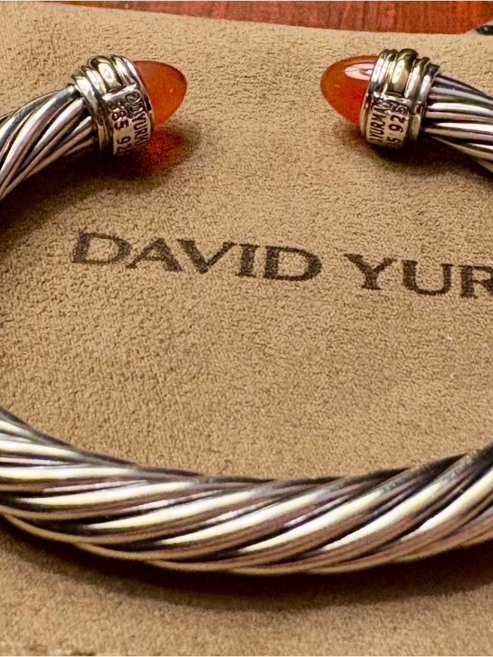David Yurman Sterling Cable Cuff with Orange Stone Terminals - Picture 4 of 5